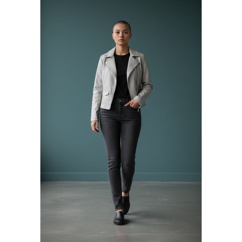 NEW Express Pleather Light Gray Moto Style Jacket Faux Leather Womens Small $118
